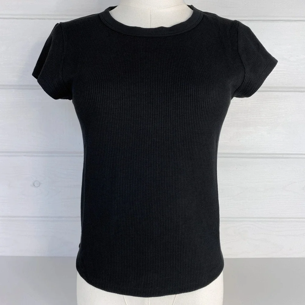 American Eagle AE Waffle T-Shirt Layering Tee M Black Stretch Base Layer 90s Y2K - Picture 6 of 16